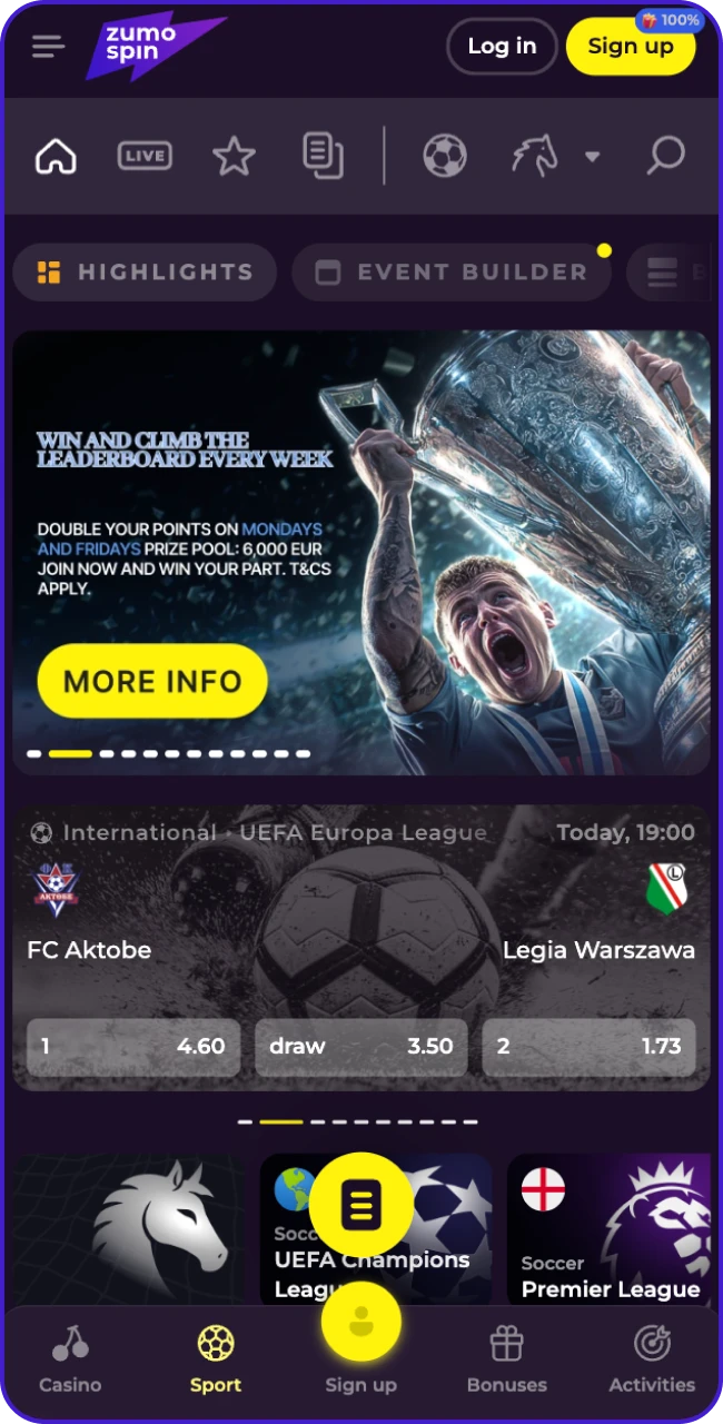 Place bets on sports matches at ZumoSpin online casino.