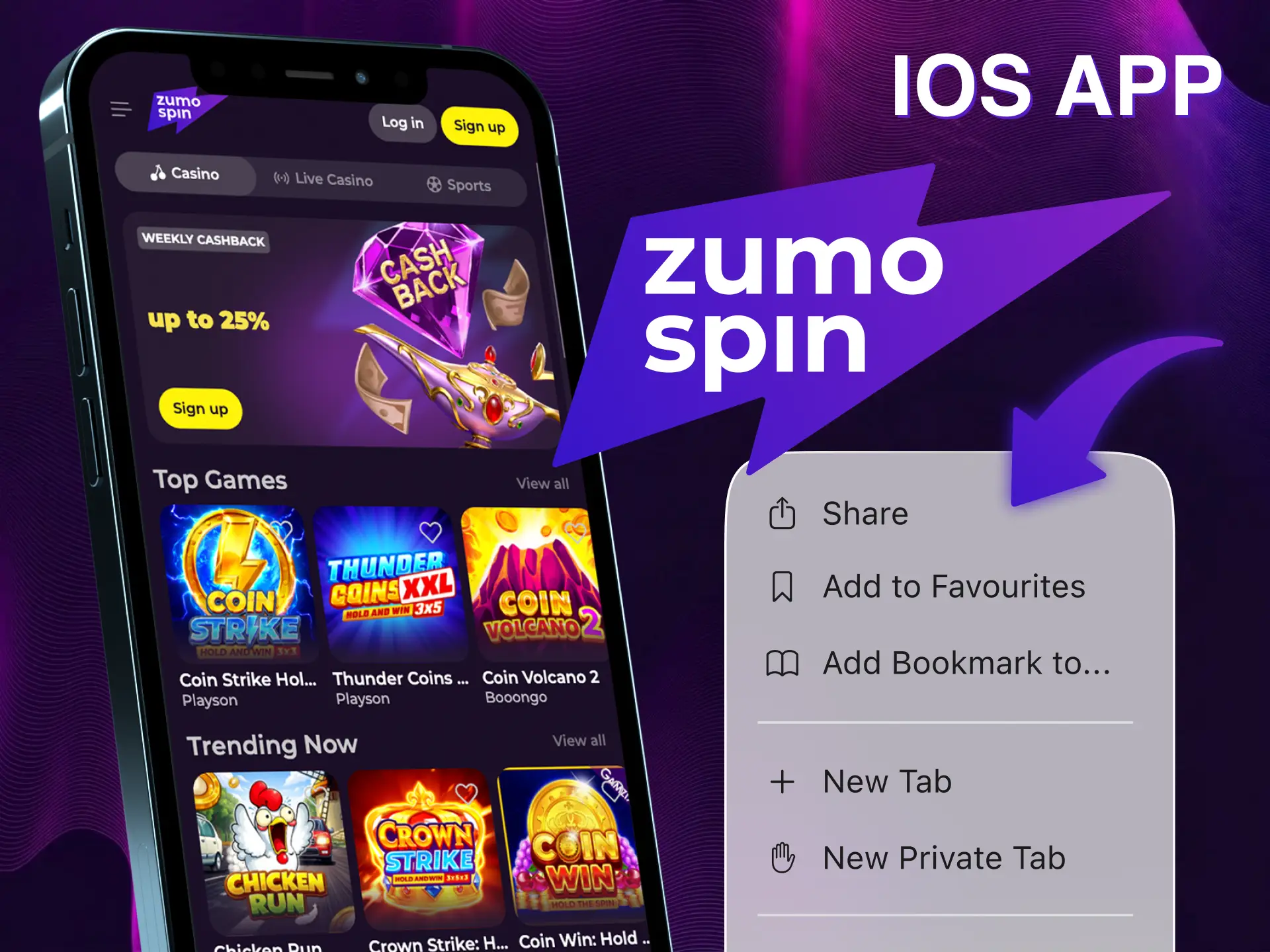 Install the ZumoSpin iOS app and play mobile casino games anywhere.
