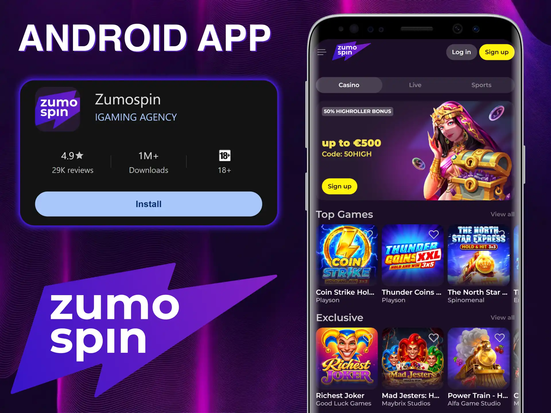Download de Android App en speel overal op ZumoSpin.