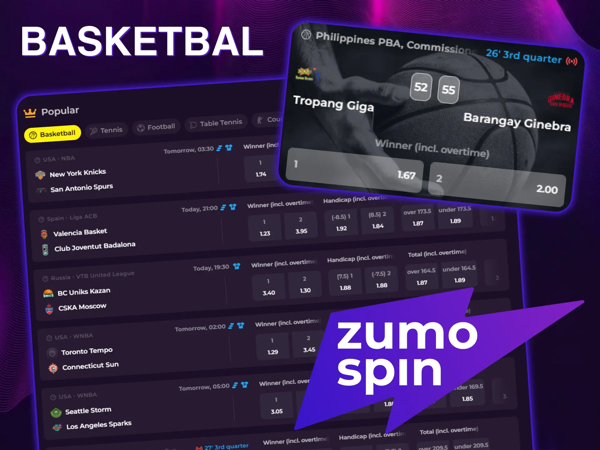 Scoor met je voorspellingen bij het basketbal op ZumoSpin.