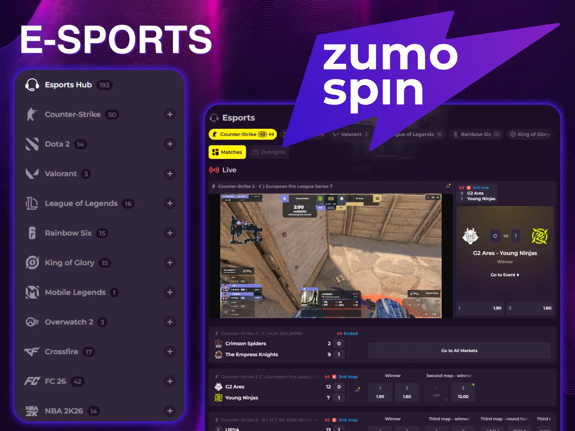 Voorspel de uitslagen van spannende e-Sports toernooien op ZumoSpin.